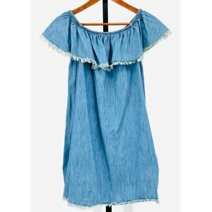 MOSSIMO Women's XS Blue Chambray Cotton Off-Shoulder Mini Dress with Fringe Hems